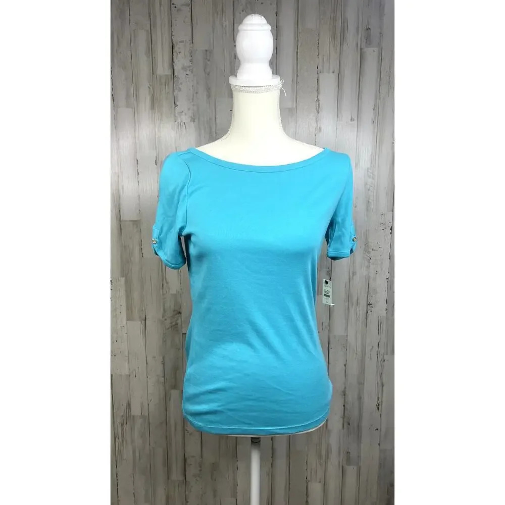 NWT Talbots Women's XS Teal Short Sleeve Cotton Top Boat Neck Button Detail‎
